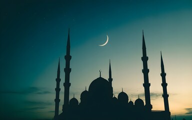Islamic Architecture under a Twilight Sky and New Moon