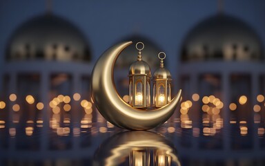 Golden Crescent Moon with Hanging Lanterns Against an Ornate Islamic Arch at Night Ramadan Scene