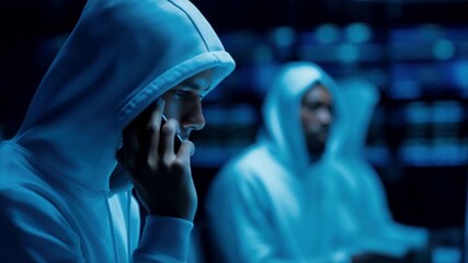 A hacker or scammer using phone on dark background, phising, online scam and cybercrime concept. - Powered by Adobe