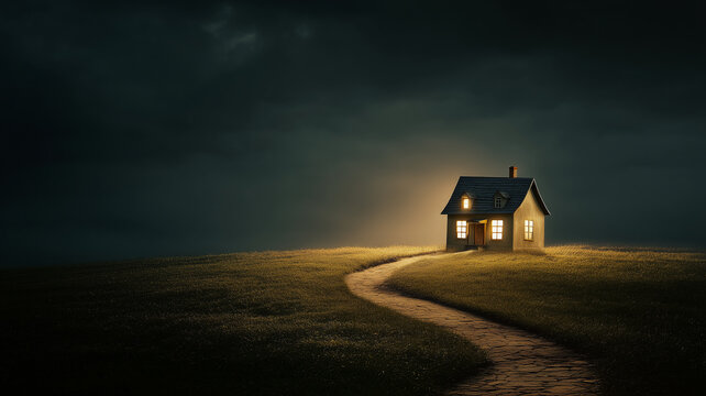 A small cozy house with lit windows on a hill under a dark stormy sky. A conceptual illustration about home, safety, hope and light amidst the darkness. - Powered by Adobe