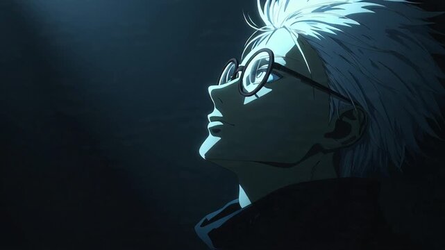 Anime character looking up with blue light