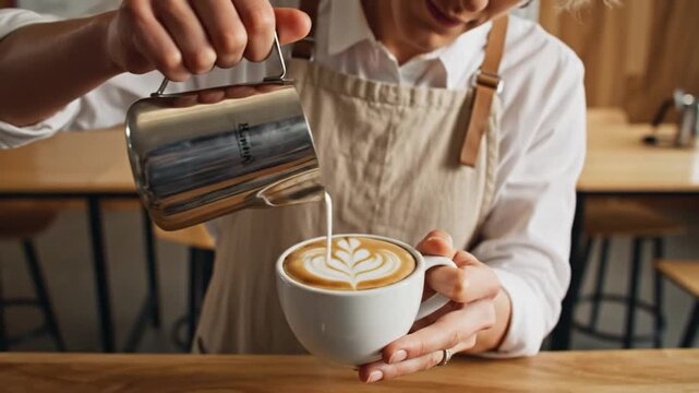 Barista Pouring Milk for Latte Art in Cozy Coffee Shop
