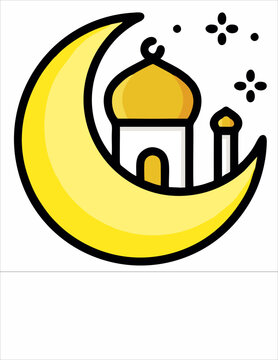 Ilustrasi vektor ikon Islami menampilkan bulan sabit kuning yang memeluk bangunan masjid dengan kubah emas. Desain flat modern dengan garis tebal dan warna cerah, cocok untuk tema Ramadhan, Idul Fitri