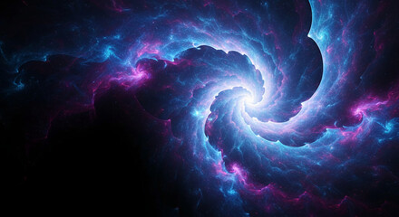Abstract spiral nebula in blue and magenta, evoking a sense of cosmic depth and energy, representing creation and vastness of space