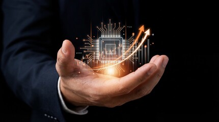 Businessman hand presenting glowing microchip with circuit lines and upward arrows signifying technology growth and innovation, warm lighting creates inspiring professional mood