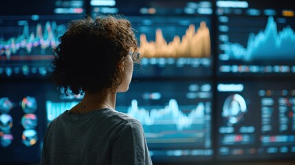 Medium shot of a data specialist assessing interactive job market dashboards emphasizing statistical insights and economic forecasting