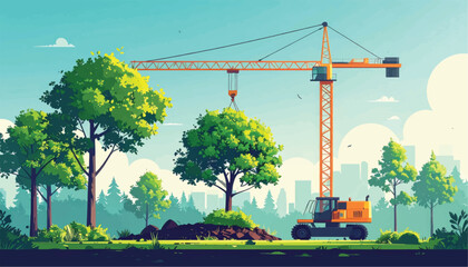 Vibrant construction site with crane and trees in cityscape