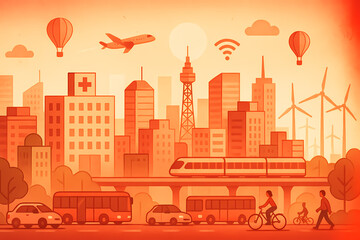 Obraz premium Urban Landscape with Transportation, Nature, and Technology Elements in Warm Color Palette