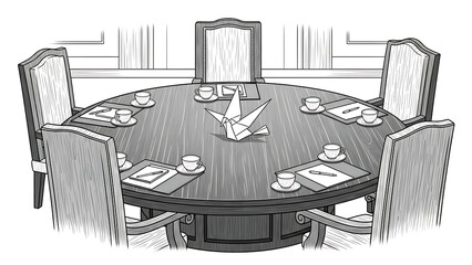 Round Conference Table with Chairs and Paper Plane Centerpiece