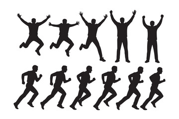 Fototapeta premium Silhouettes of men jumping, celebrating, and running, depicting various energetic movements