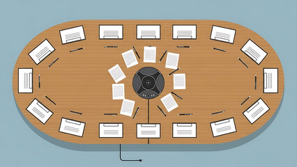 Round Conference Table with Documents and Laptops in Meeting Room