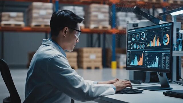 Scientist analyzing data on computer screen in modern warehouse control room