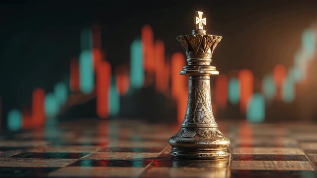 チェスの王駒と市場グラフで示す戦略と金融の象徴