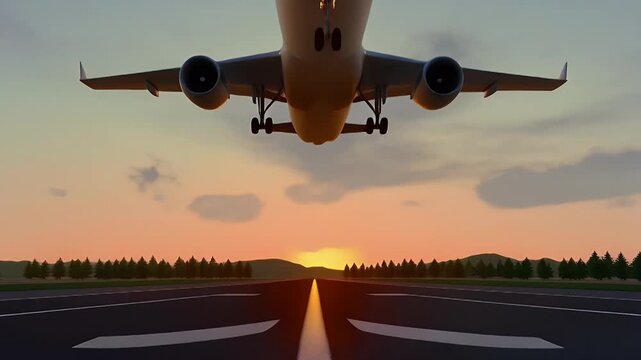 Airplane landing sequence at sunset with runway approach and touchdown view