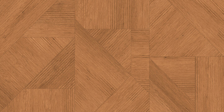 Geometric wood parquet texture, brown timber floor background with abstract marquetry pattern, natural oak wooden surface for interior design