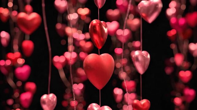 Romantic cascade of red and pink heart ornaments hanging against a dark background.