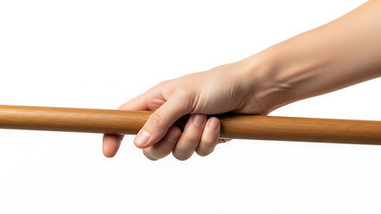 Close-up of a person's hand gripping a wooden pole with a white background