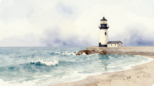 A serene lighthouse overlooks a tranquil coastal seascape in soft pastel hues and loose brushstrokes.