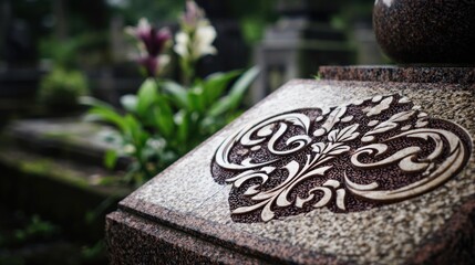 Medium shot of a granite memorial plaque with intricate engraving showcasing durability against rain and wind in a serene outdoor setting.