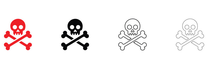 skull with crossbones icon vector, human skull and bones vector, silhouette and line art