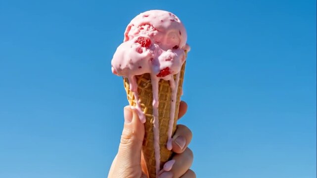 Hand holds melting strawberry ice cream cone against blue sky on a hot day