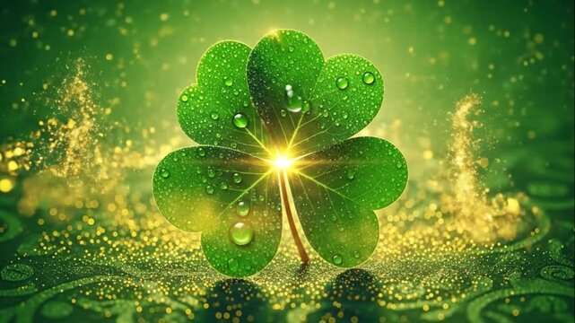 Four Leaf Clover Glowing on Green Sparkling Background St Patricks Day