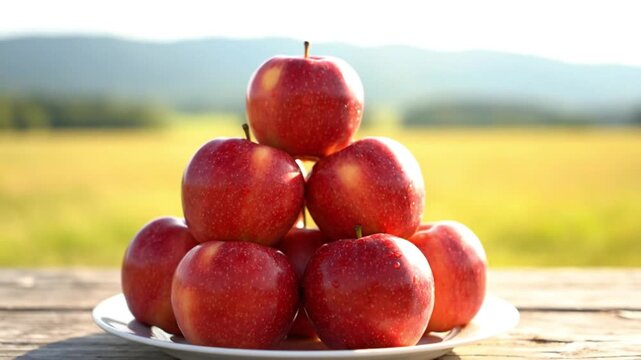 A vibrant close-up shot captures a pyramid stack of fresh red apples, glistening with small water droplets, meticulously arranged on a clean white plate. The rustic wooden table provides a natural for