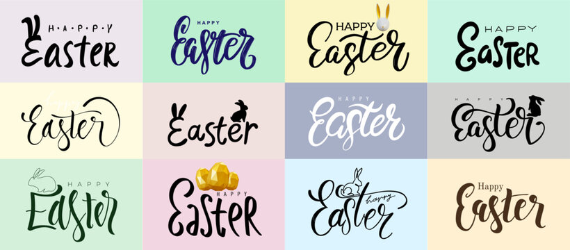 Happy Easter handwritten lettering isolated on a colorful. Hand drawn calligraphy style typography. Festive vector for greeting cards, posters, invitations, banners, social media, holiday design.