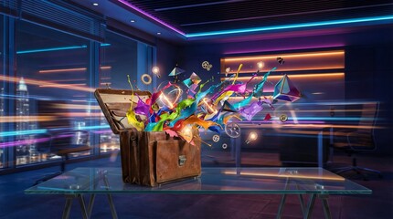 Naklejka premium A briefcase exploding with colorful paint splashes, symbolizing creativity bursting forth in the business world.