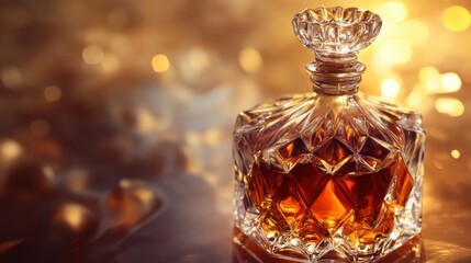 Elegant crystal decanter with cognac on warm blurred background