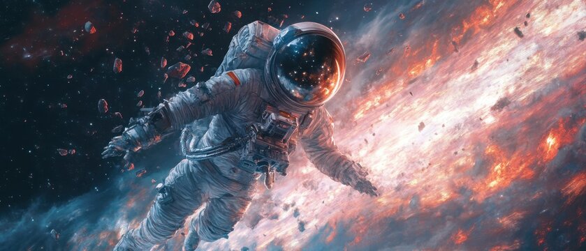 Cosmic traveler's suit disintegrating in deep space amidst fiery debris