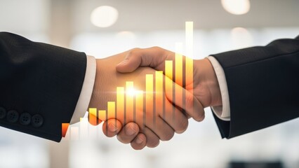 Two business professionals shake hands, overlaid with a glowing, ascending bar graph symbolizing growth and success