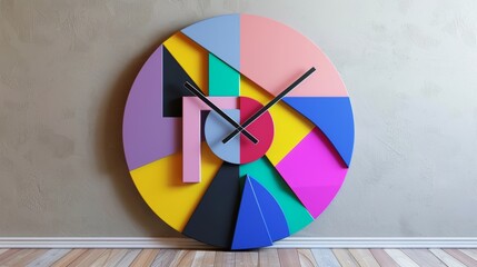 Obraz premium The face of this clock is a colorful collage of geometric shapes adding a playful touch to any room.