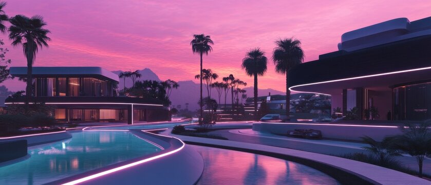 Futuristic gated community at sunset with automated driveway for modern living