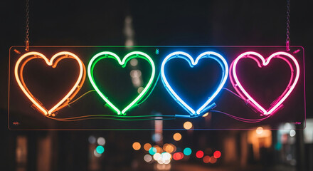 Illuminated sign with four hearts, each with a different neon color: orange, green, blue, and pink, symbolizes love, affection, and Valentine's Day