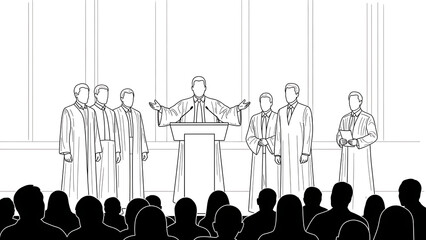 Speaker at Podium with Clergy and Audience in Church or Conference Hall