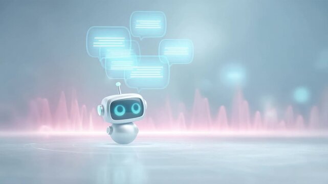 A friendly robot interacts with digital elements in a futuristic environment, showcasing advanced communication.