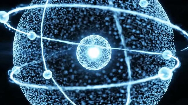 Abstract representation of an atom with glowing particles and orbiting electrons on dark background.