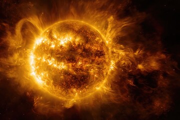 Close-up of a fiery, radiant star with intense flares and coronal activity, full of heat