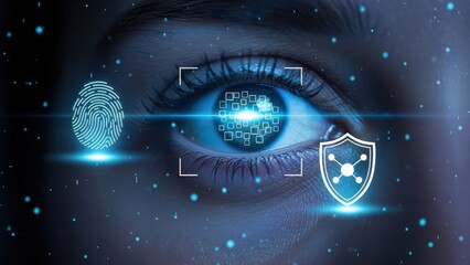 Close-up of an eye with digital biometric scanning, fingerprint, and shield icons for secure identification