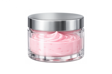 Skin care cream in a glass jar with a metallic lid, containing a delicate pink beauty product, hydrating and anti-aging