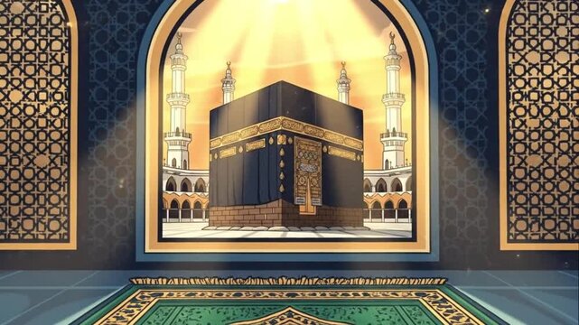 Kaaba Makkah Animated Background with Prayer Rug Mosque Interior View