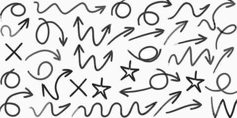 Fototapeta premium A chaotic collection of hand drawn arrows lines shapes and symbols in black