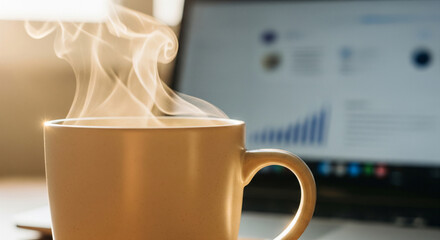 Steaming coffee mug next to laptop showing business growth charts for morning productivity