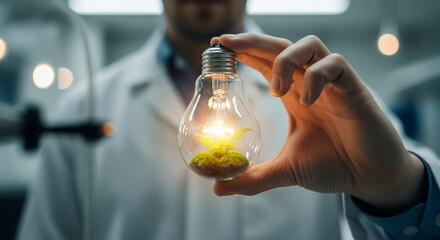Scientist holding a light bulb with a plant inside for green biotechnology innovation