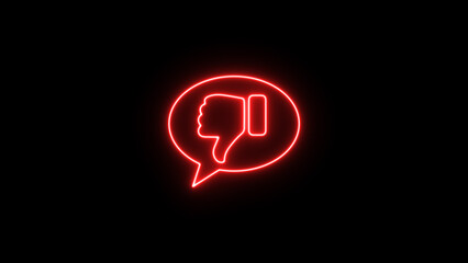 Red neon thumbs down symbol in speech bubble on black background