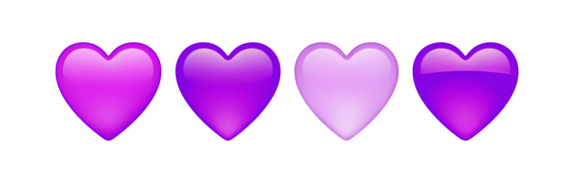 Purple heart emoji clipart set with cute glossy 3d different light dark pastel shades on transparent background for love emoticon icon symbol