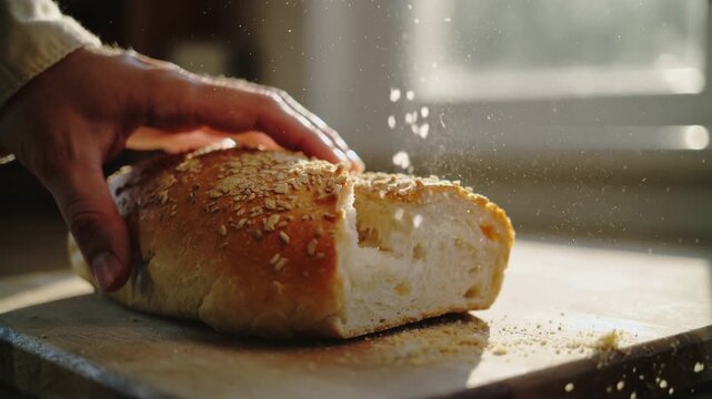 Fresh bread being pulled apart in a cozy kitchen during morning