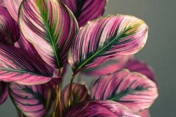 Close-up of a Calathea plant with striking pink, green, and white patterned leaves