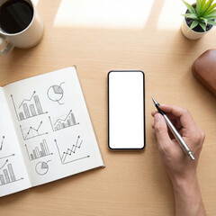 Overhead vertical smartphone mockup on a wooden desk with a hand holding a pen, surrounded by business graphs and financial charts in a notebook.